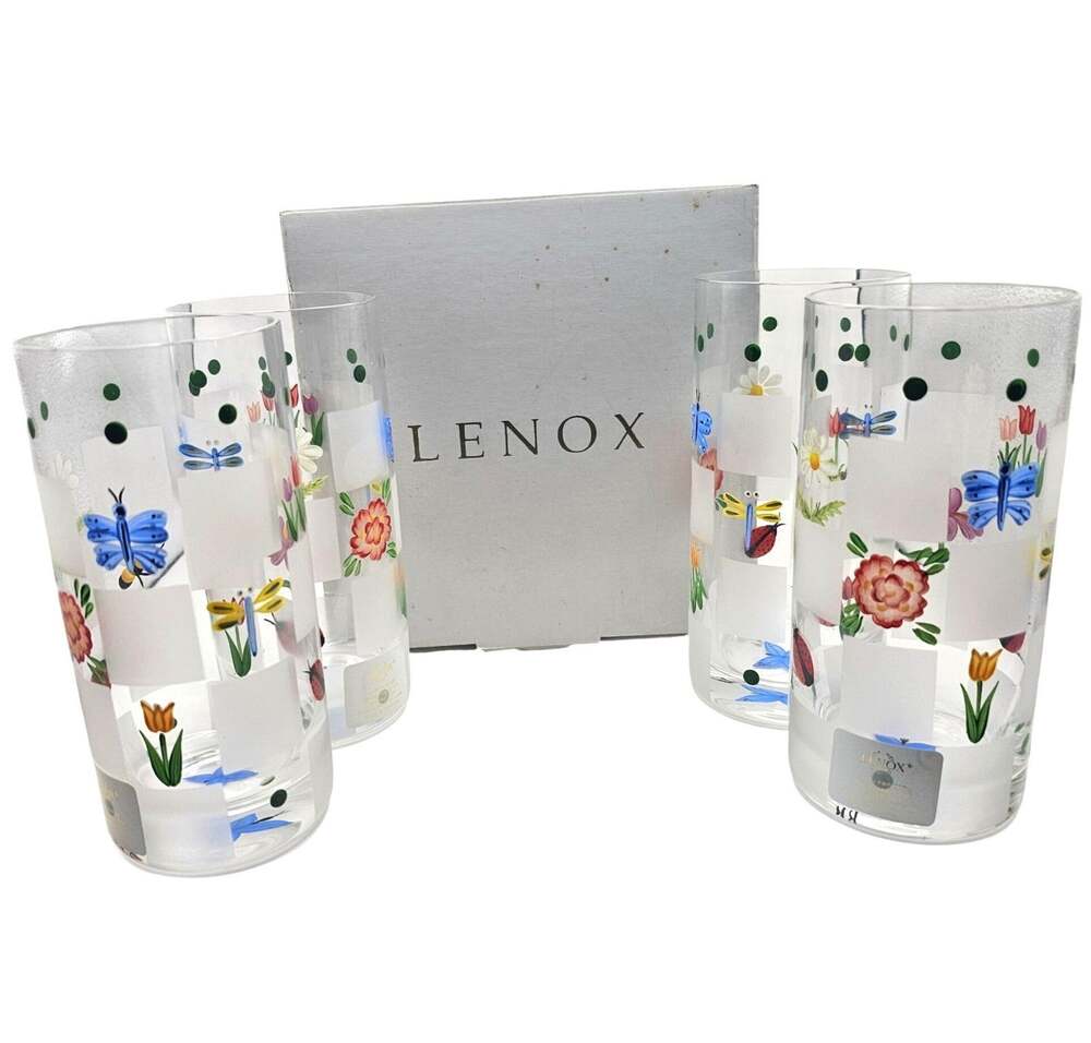 Lenox Natures Splendor Floral Glass Tumbler Set 4 Highball Butterfly Tulip Vtg